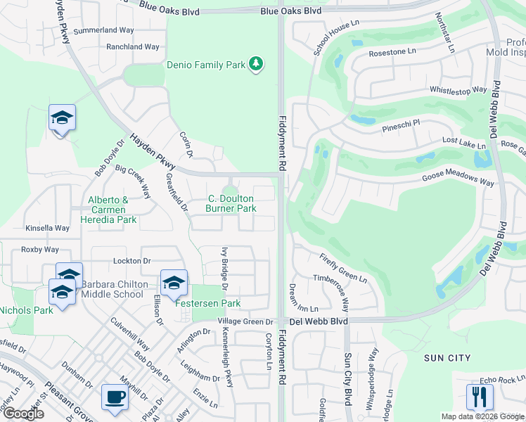 map of restaurants, bars, coffee shops, grocery stores, and more near 2448 Rockrose Circle in Roseville