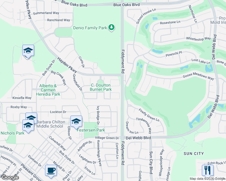map of restaurants, bars, coffee shops, grocery stores, and more near 2340 Lansdowne Way in Roseville