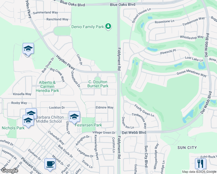 map of restaurants, bars, coffee shops, grocery stores, and more near 2340 Lansdowne Way in Roseville
