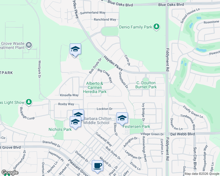 map of restaurants, bars, coffee shops, grocery stores, and more near 2345 Spring Grove Drive in Roseville