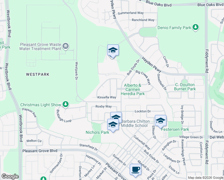 map of restaurants, bars, coffee shops, grocery stores, and more near 2665 Heirloom Way in Roseville