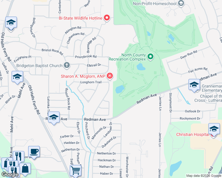 map of restaurants, bars, coffee shops, grocery stores, and more near 11478 Prentice Drive in Florissant