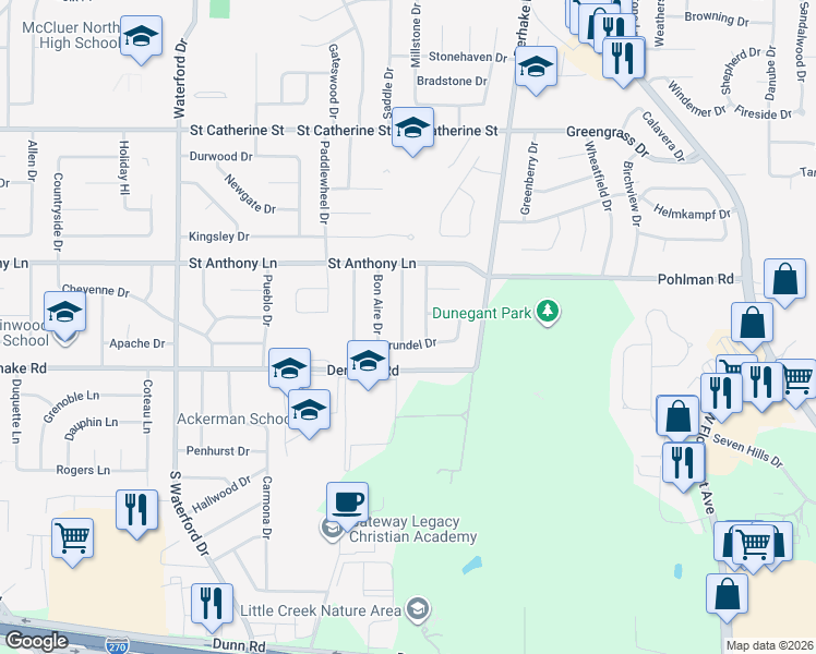 map of restaurants, bars, coffee shops, grocery stores, and more near 140 Birchlawn Drive in Florissant
