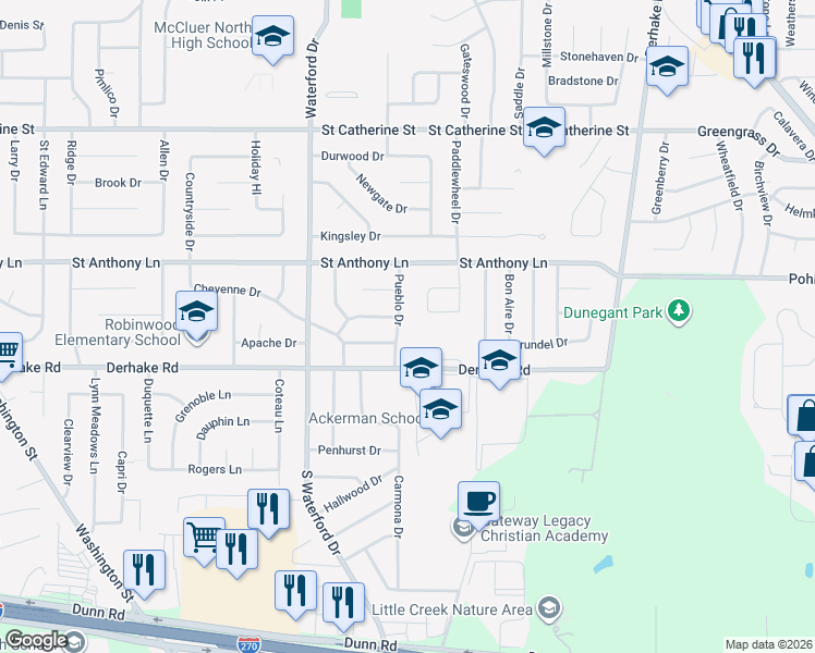 map of restaurants, bars, coffee shops, grocery stores, and more near 1538 Saddlegate Court in Florissant