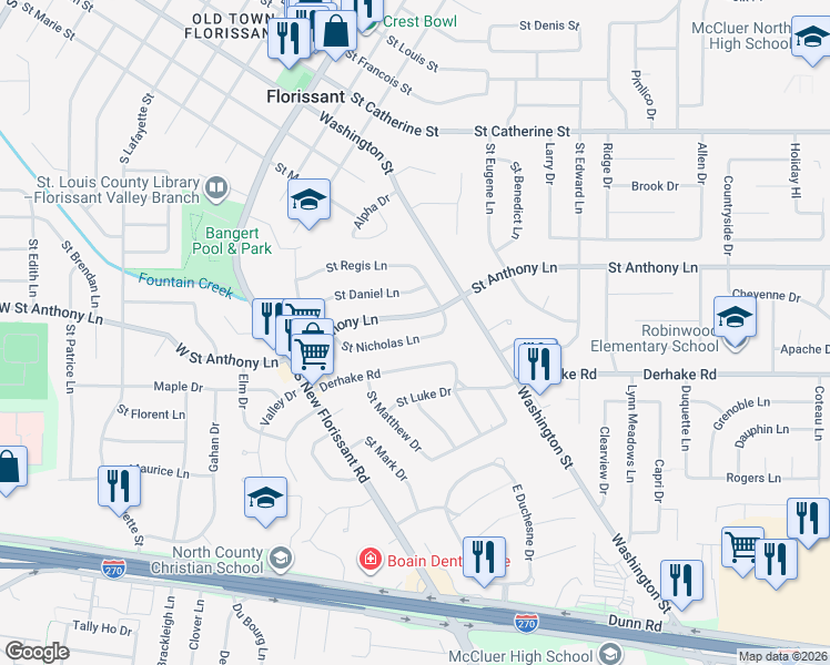 map of restaurants, bars, coffee shops, grocery stores, and more near 250 Saint Anthony Lane in Florissant