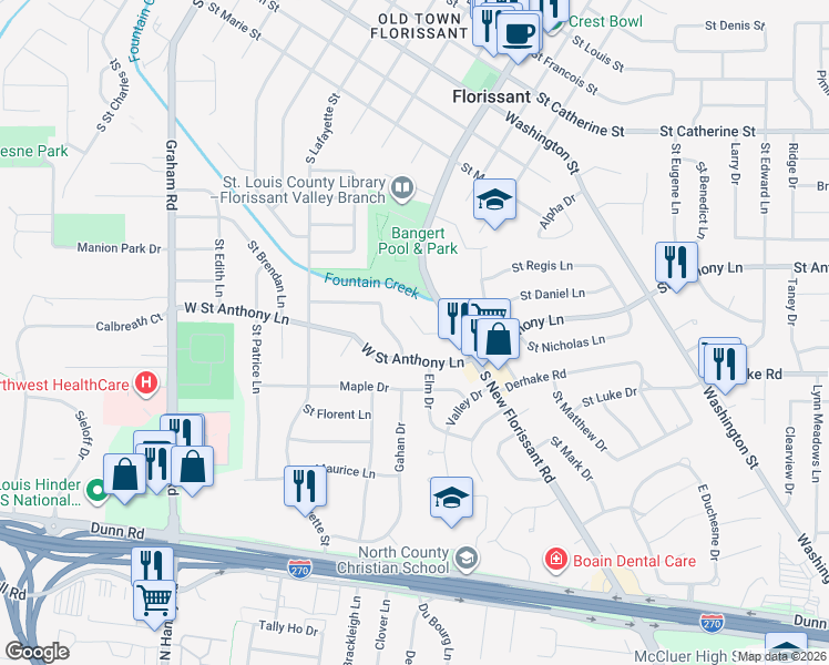 map of restaurants, bars, coffee shops, grocery stores, and more near 305 Reighley Place in Florissant