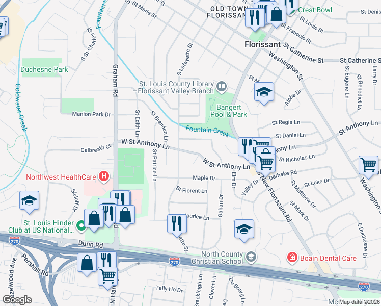 map of restaurants, bars, coffee shops, grocery stores, and more near 195 West Saint Anthony Lane in Florissant
