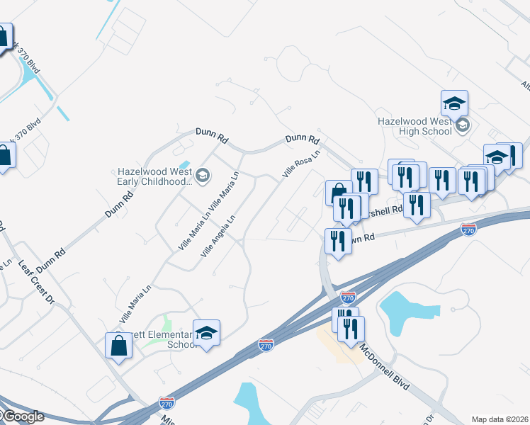 map of restaurants, bars, coffee shops, grocery stores, and more near 5369 Ville Rosa Lane in Hazelwood