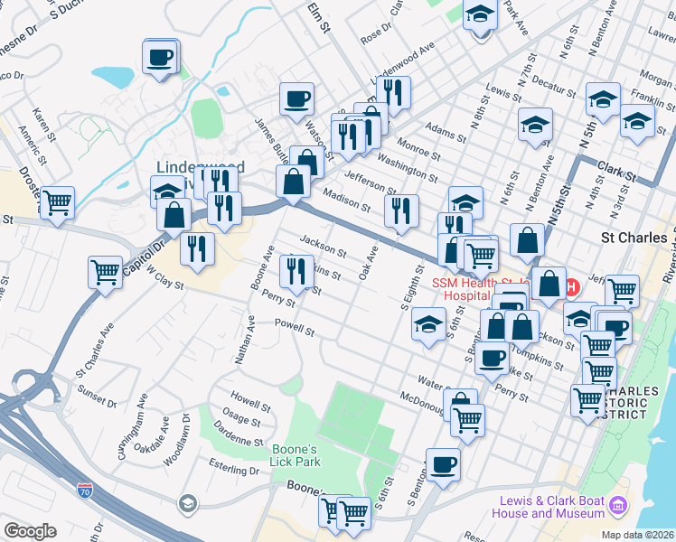 map of restaurants, bars, coffee shops, grocery stores, and more near 1029 Jackson Street in Saint Charles
