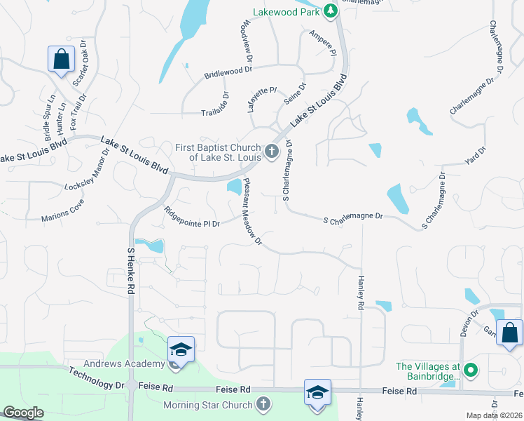 map of restaurants, bars, coffee shops, grocery stores, and more near 1320 Kennington Drive in Lake Saint Louis