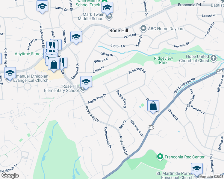 map of restaurants, bars, coffee shops, grocery stores, and more near 4604 Apple Tree Drive in Alexandria