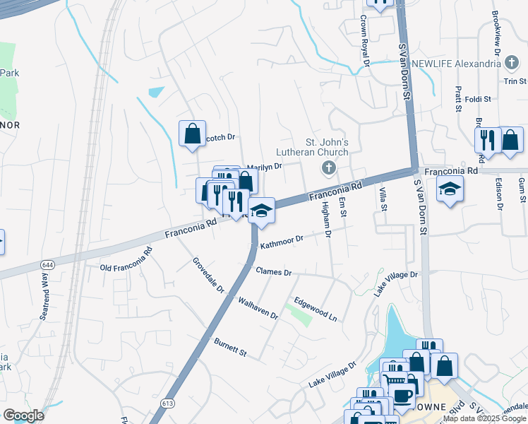 map of restaurants, bars, coffee shops, grocery stores, and more near 6043 Franconia Road in Alexandria