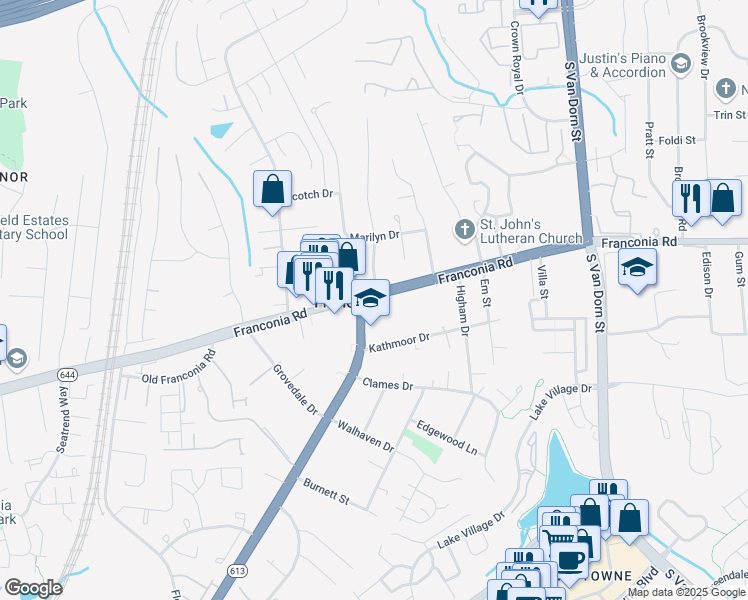 map of restaurants, bars, coffee shops, grocery stores, and more near 6043 Franconia Road in Alexandria