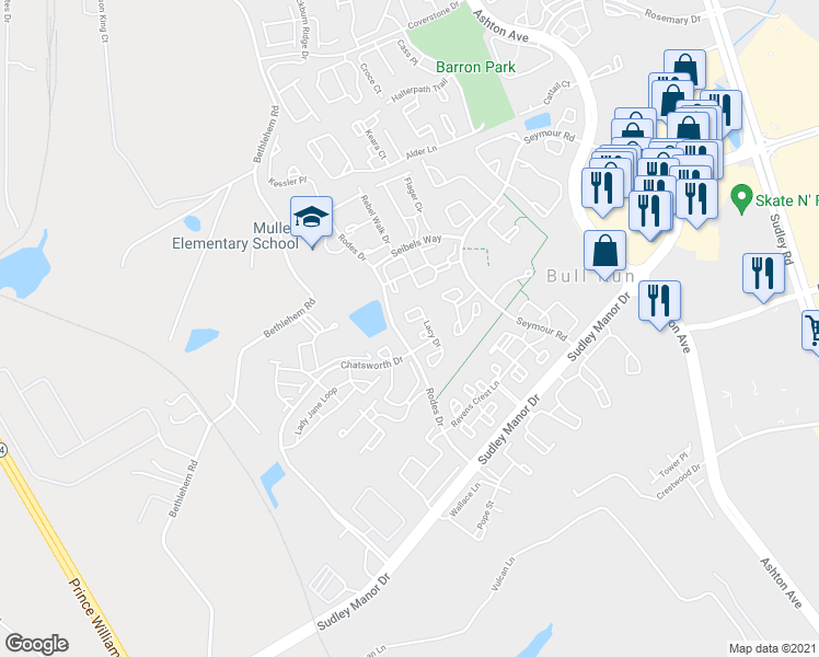 map of restaurants, bars, coffee shops, grocery stores, and more near 8075 Lacy Drive in Manassas