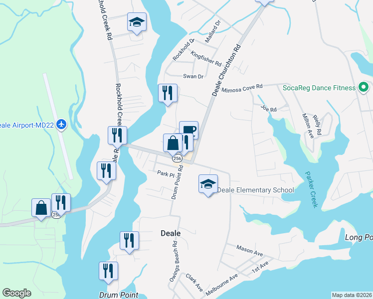 map of restaurants, bars, coffee shops, grocery stores, and more near 5960 Deale Churchton Road in Deale