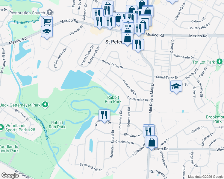 map of restaurants, bars, coffee shops, grocery stores, and more near 1 Mayfield Road in St. Peters
