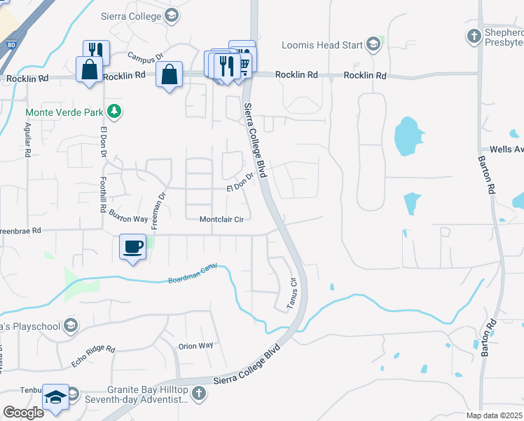 map of restaurants, bars, coffee shops, grocery stores, and more near 6100 Sierra College Boulevard in Rocklin