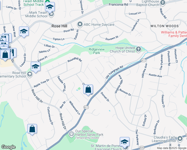 map of restaurants, bars, coffee shops, grocery stores, and more near Thornwood Drive in Alexandria