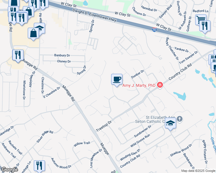 map of restaurants, bars, coffee shops, grocery stores, and more near 664 Timberidge Drive in Saint Charles