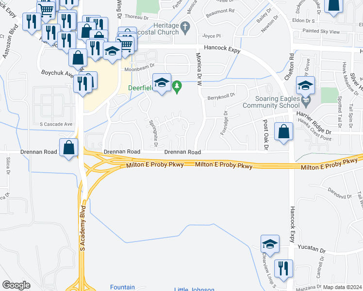 map of restaurants, bars, coffee shops, grocery stores, and more near 4355 Deerfield Hills Road in Colorado Springs
