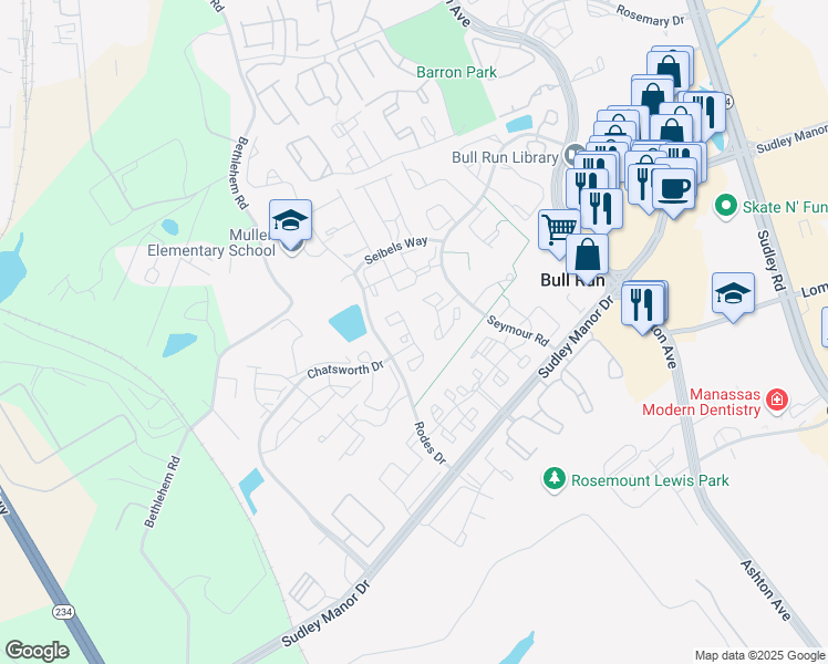 map of restaurants, bars, coffee shops, grocery stores, and more near 8095 Lacy Drive in Manassas