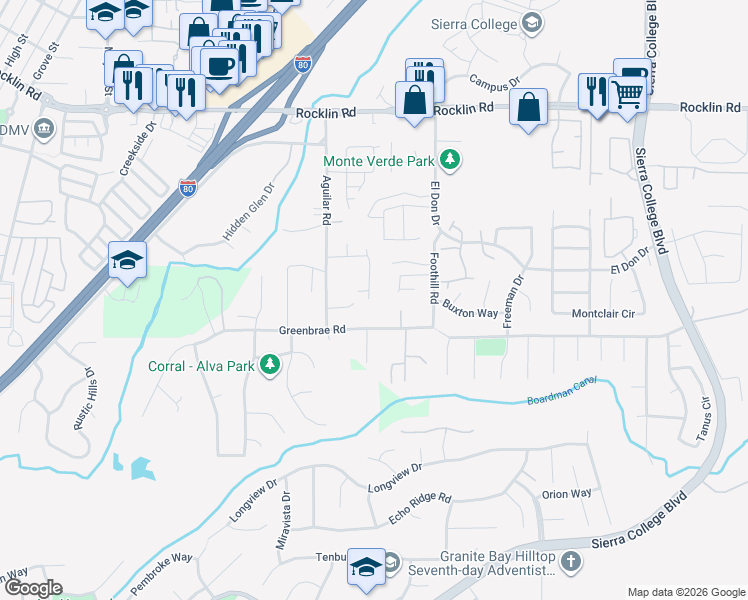 map of restaurants, bars, coffee shops, grocery stores, and more near 5710 Arrowhead Drive in Rocklin