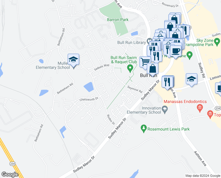 map of restaurants, bars, coffee shops, grocery stores, and more near 8054 Lisle Drive in Manassas