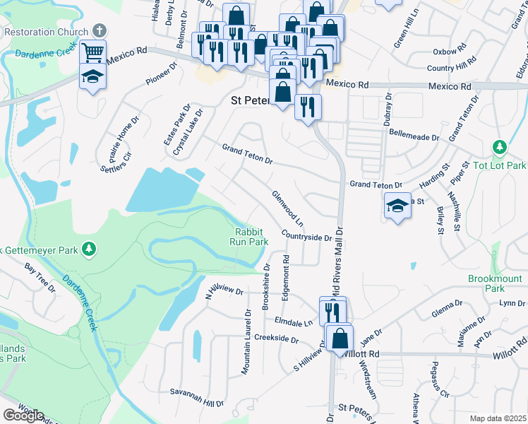 map of restaurants, bars, coffee shops, grocery stores, and more near 37 Countryside Drive in Saint Peters