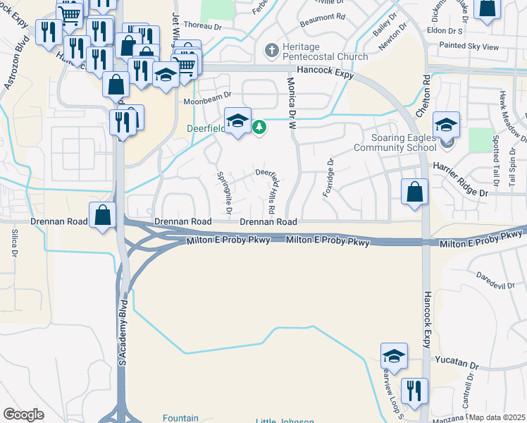 map of restaurants, bars, coffee shops, grocery stores, and more near 4230 Drennan Road in Colorado Springs