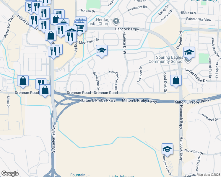 map of restaurants, bars, coffee shops, grocery stores, and more near 4230 Drennan Road in Colorado Springs