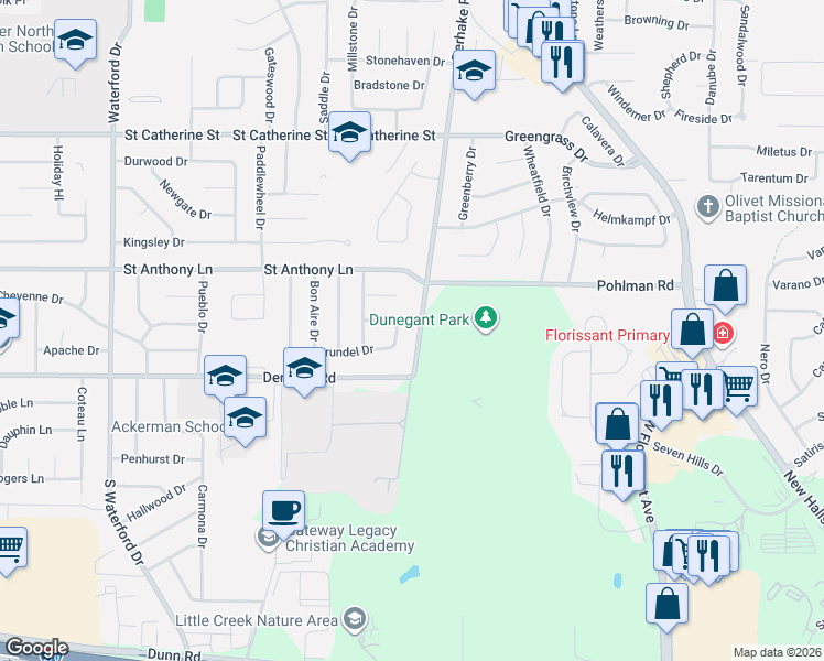map of restaurants, bars, coffee shops, grocery stores, and more near 2055 Derhake Road in Florissant