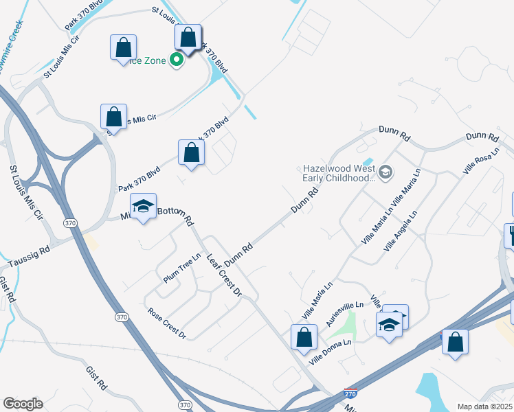 map of restaurants, bars, coffee shops, grocery stores, and more near 12565 Santa Maria Court in Hazelwood
