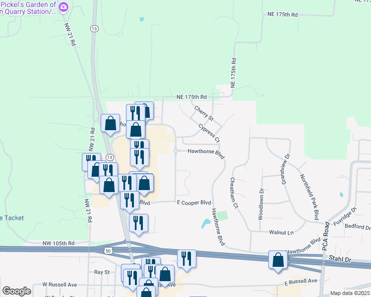 map of restaurants, bars, coffee shops, grocery stores, and more near 303 Hawthorne Boulevard in Warrensburg