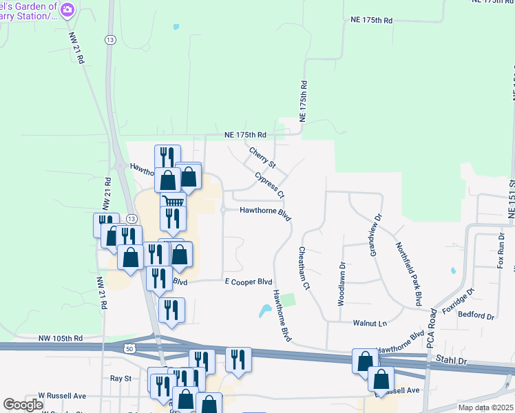 map of restaurants, bars, coffee shops, grocery stores, and more near 63 Hawthorne Boulevard in Warrensburg
