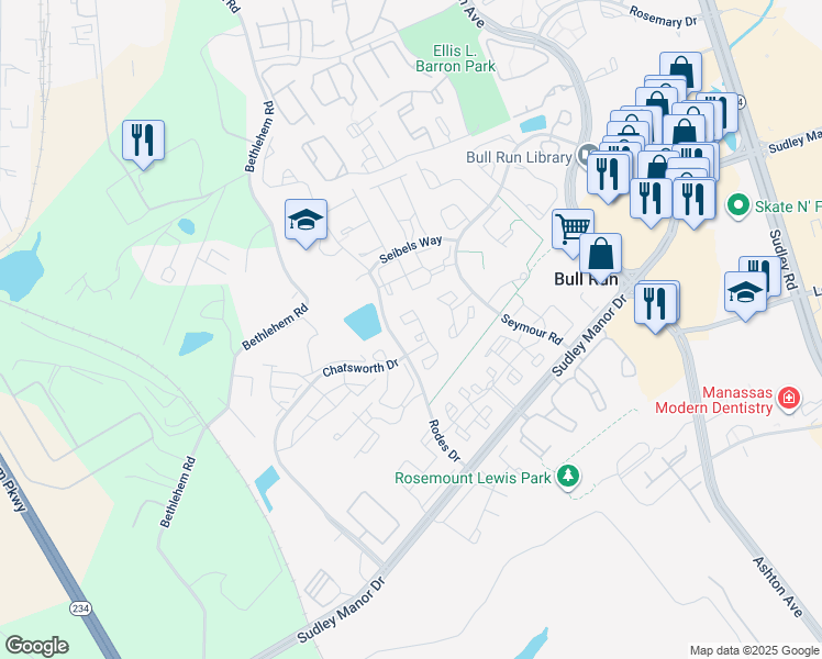 map of restaurants, bars, coffee shops, grocery stores, and more near 11020 Folksie Court in Manassas