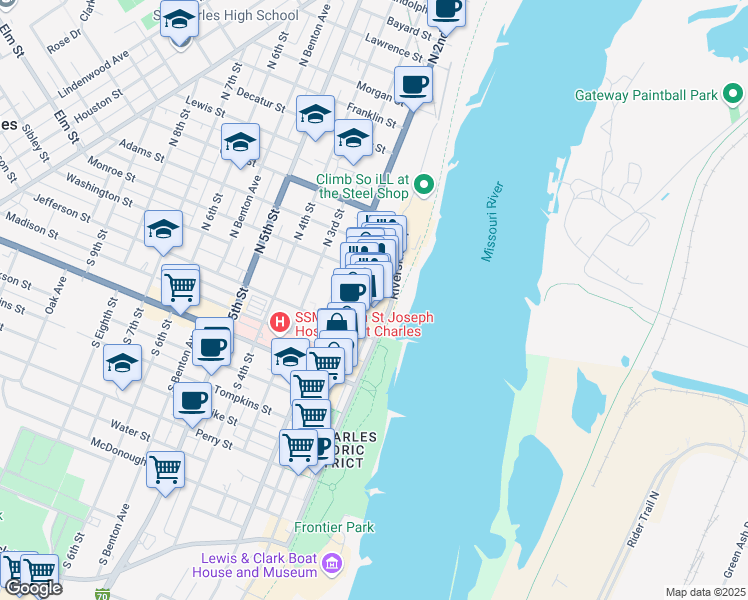 map of restaurants, bars, coffee shops, grocery stores, and more near 200 North Main Street in Saint Charles