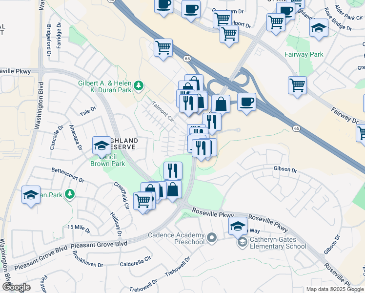 map of restaurants, bars, coffee shops, grocery stores, and more near 47 Villa Gardens Court in Roseville