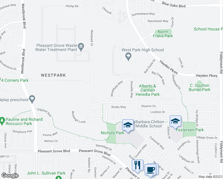 map of restaurants, bars, coffee shops, grocery stores, and more near 2676 Woodfield Way in Roseville