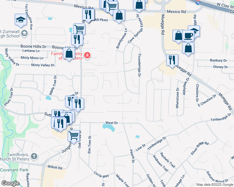 map of restaurants, bars, coffee shops, grocery stores, and more near 4018 Manhattan Avenue in Saint Peters