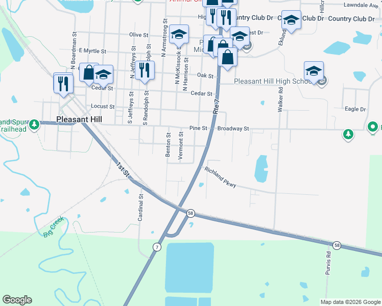 map of restaurants, bars, coffee shops, grocery stores, and more near 401 Cline Street in Pleasant Hill