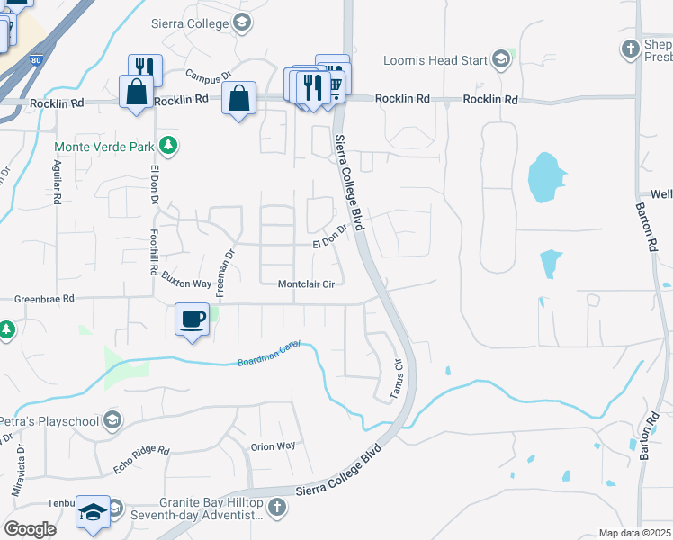 map of restaurants, bars, coffee shops, grocery stores, and more near 5101 Foxmoor Court in Rocklin