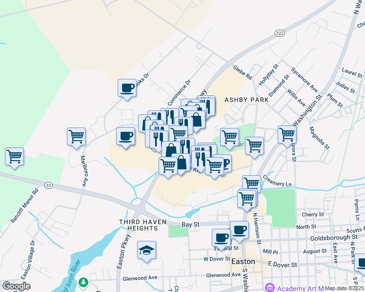 map of restaurants, bars, coffee shops, grocery stores, and more near 219 Marlboro Avenue in Easton