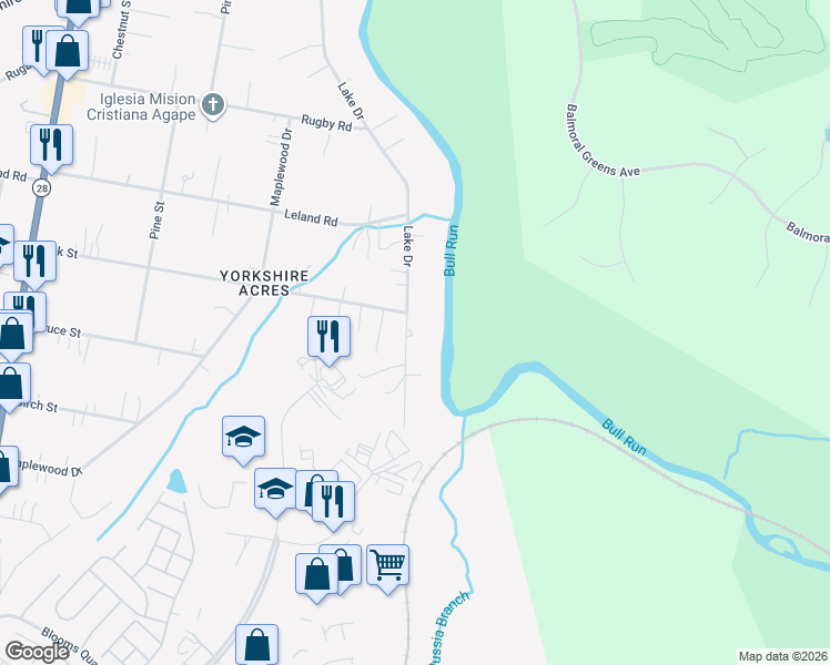 map of restaurants, bars, coffee shops, grocery stores, and more near 8005 Lake Drive in Manassas
