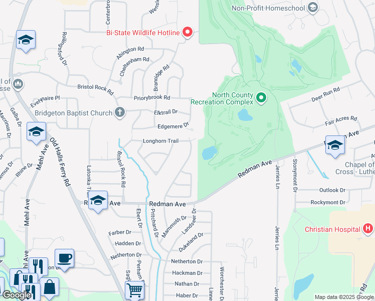 map of restaurants, bars, coffee shops, grocery stores, and more near 11469 Prentice Drive in Florissant