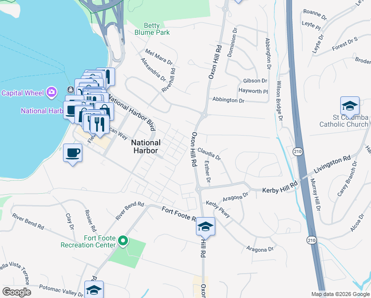 map of restaurants, bars, coffee shops, grocery stores, and more near 7805 Oxon Hill Road in Oxon Hill