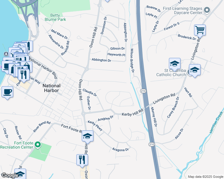 map of restaurants, bars, coffee shops, grocery stores, and more near 332 Winslow Road in Oxon Hill