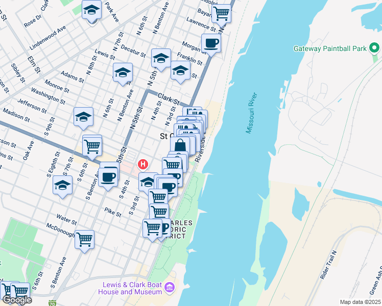 map of restaurants, bars, coffee shops, grocery stores, and more near 200 North Main Street in Saint Charles