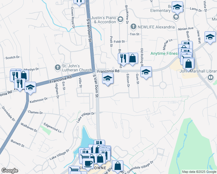 map of restaurants, bars, coffee shops, grocery stores, and more near 5801 Franconia Road in Alexandria