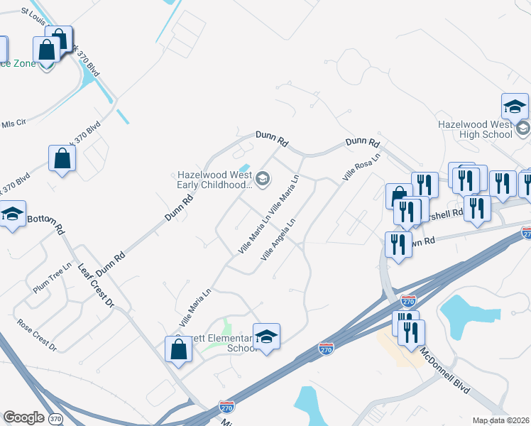 map of restaurants, bars, coffee shops, grocery stores, and more near 1607 Ville Maura Lane in Hazelwood