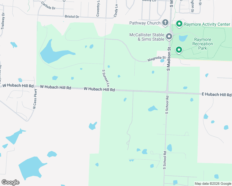map of restaurants, bars, coffee shops, grocery stores, and more near 1043 South Sunset Lane in Raymore